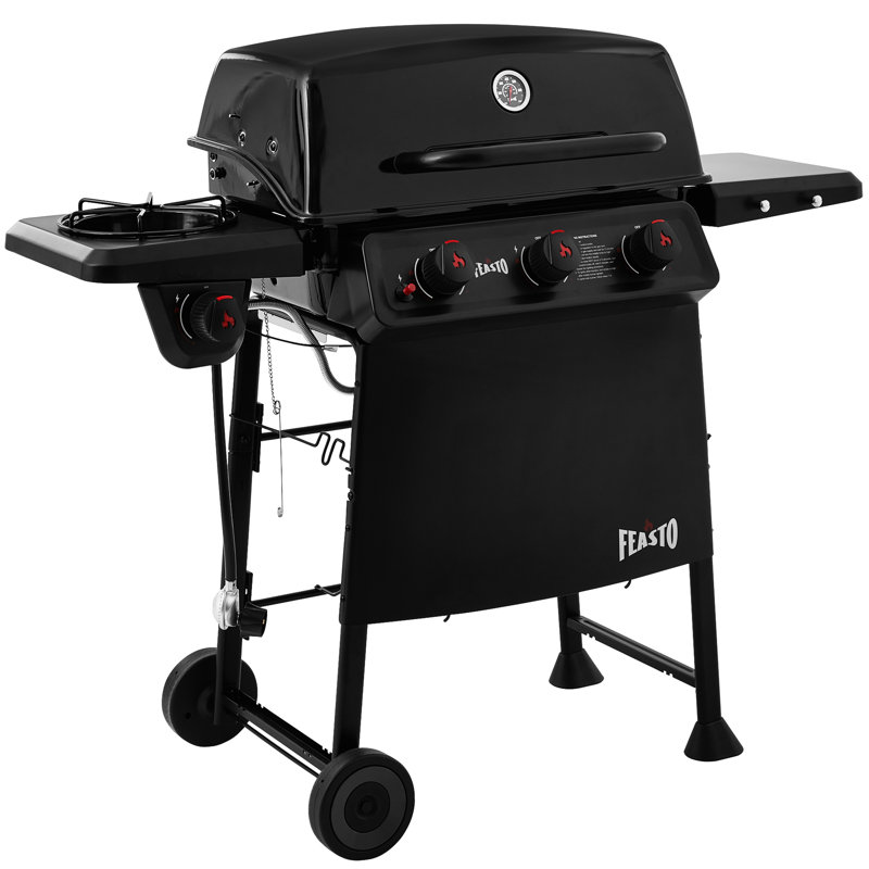 Feasto 3-burner Propane Gas Grill With Side Burner, All-porcelain-enamel Main Body And Lid, 38,000 Btu And 504 Sq. In. Cooking Space, Outdoor Gas Grill For Garden, Poolside And Tailgating