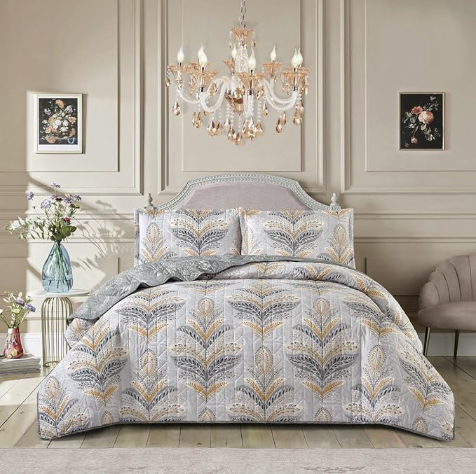 Andrena Bedspread with Pillow Shams Included, Floral, Super King Bedspread + 2 Standard Pillow Shams, Silver