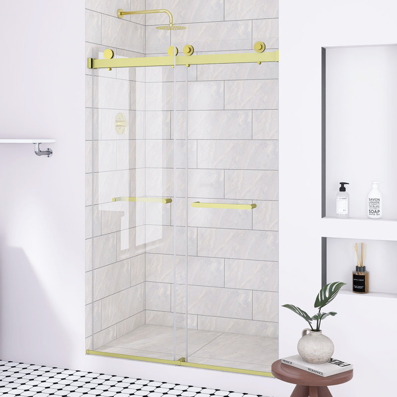 44-48 "W X 74" H Frameless Double Sliding Shower Door In Brushed Gold ｜ 5/16 "(8Mm) Tempered Glass｜ Waterproof｜Explosion Proof Film｜ Stainless Steel Handle｜Square Tube Track