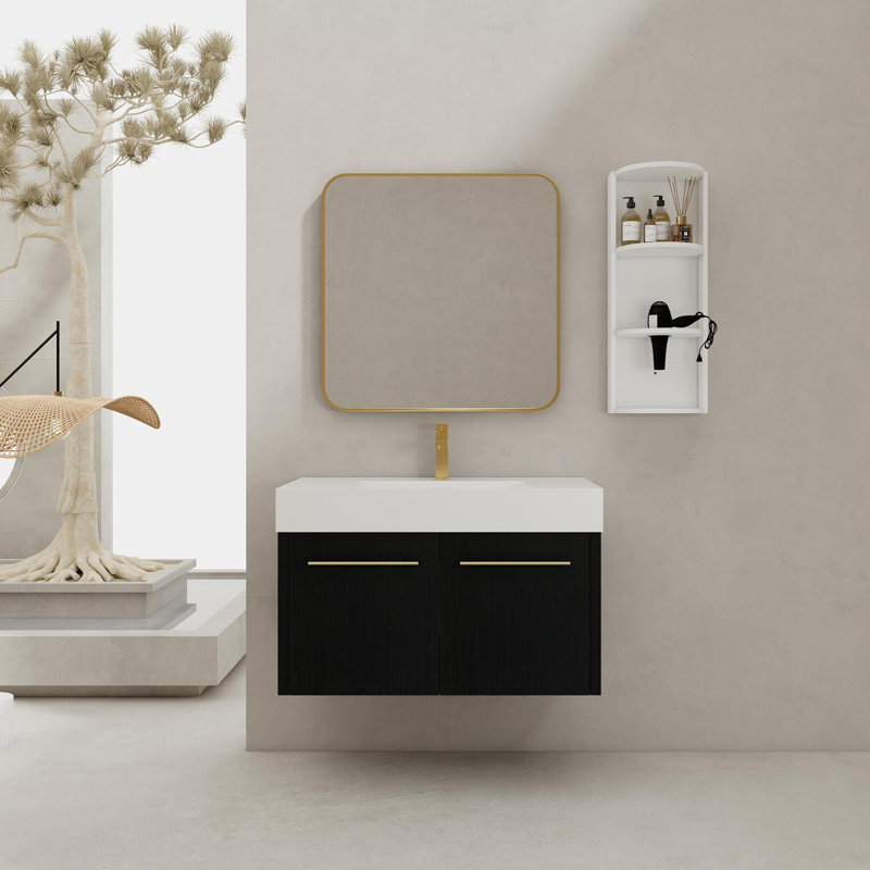 Meuble-lavabo mural avec lavabo et support de rangement, bassin en résine à bords épais, ensemble KD, Au centre, 35"