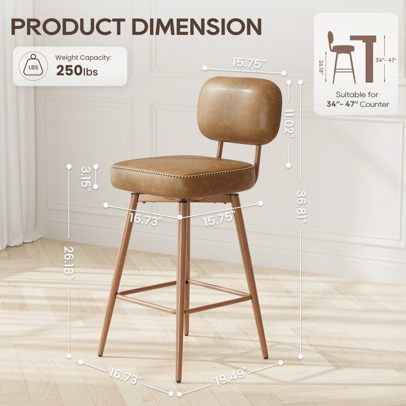 Modern Swivel Upholstered Counter Stools with Metal Frame, Brown