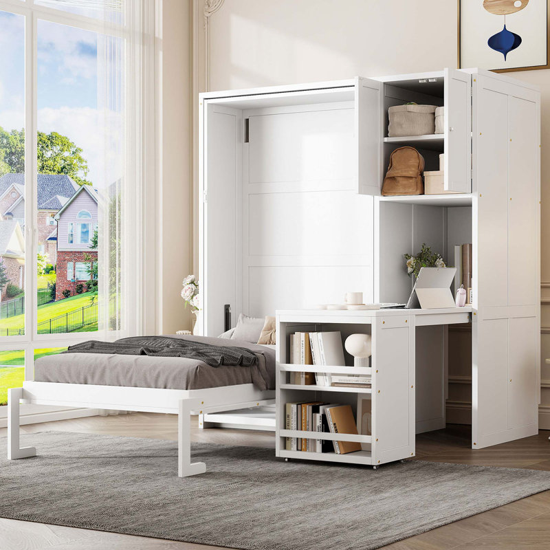Lit escamotable mural simple avec bibliothèque, armoire supérieure, bureau extensible et rangement latéral, Blanc