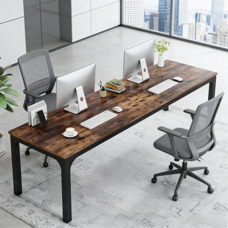 Bureau d'ordinateur pratique (sans tabourets), Brun rustique / noir, H 29,55 po x l 78,8 po x P 27,58 po