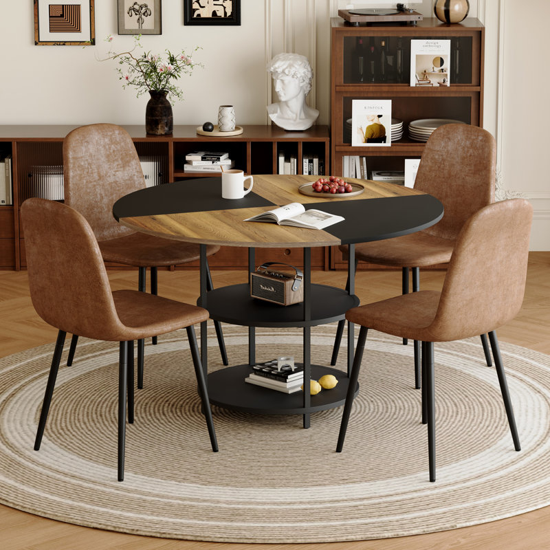Ensemble de table et de chaises.Une table de salle à manger circulaire épissure moderne de 47,3 pouces de diamètre - rangement double couche.Avec 4 chaises confortables en tissu brun avec pieds en métal noir.