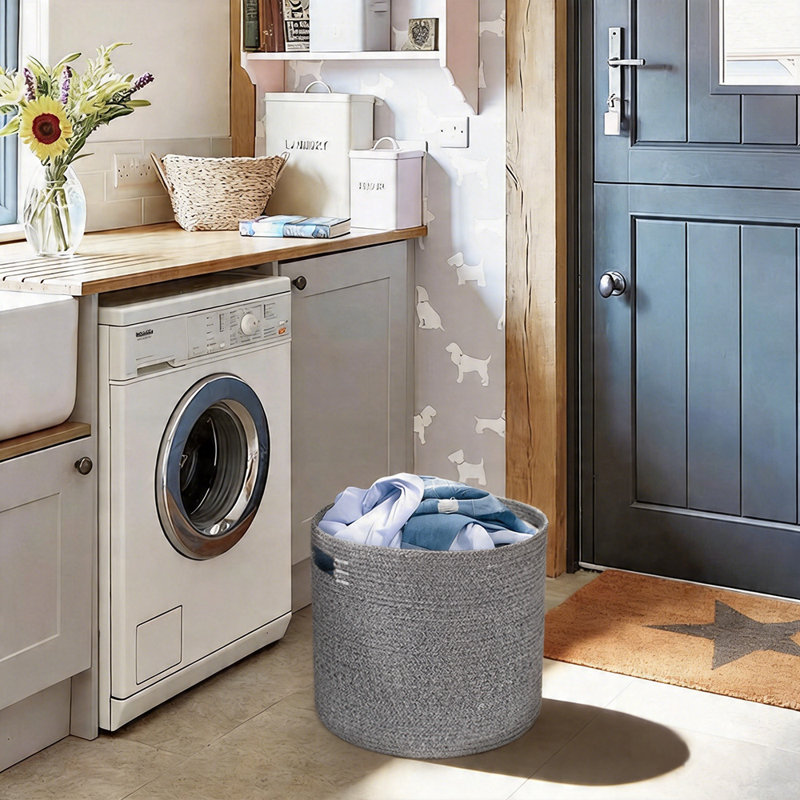 Round Clothes Storage Basket, Cotton Rope Woven Storage Basket with Handles – Small Laundry Basket for Blankets, Toys and Home Organization