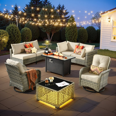 6-Person  All-Weather Wicker Outdoor Sectional With Cushions,Swivel Rockers,Led Coffee Table And Fire Pit