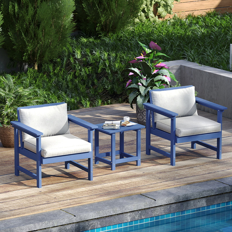 3-piece All-weather Outdoor Hdpe Patio Sofa Set With Cushions, Wide Armrests & Hdpe Coffee Table, Navy