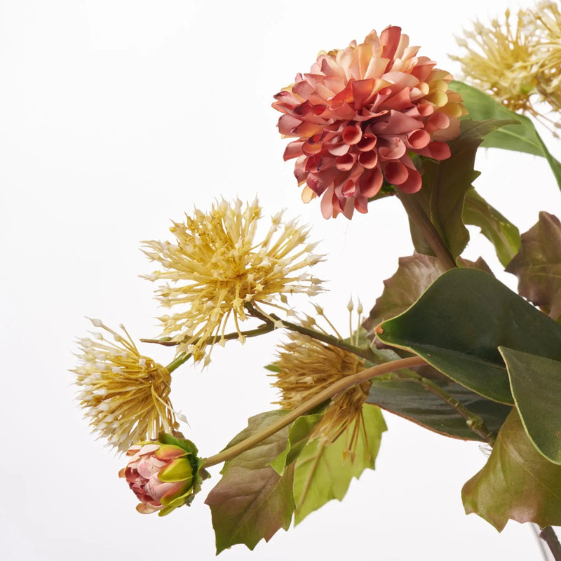 Lifelike Fall Sienna Brown Dahlia & Yellow Puff Gum Blossom with Real Touch Magnolia Everyday Spring Fall Water Illusion Arrangement