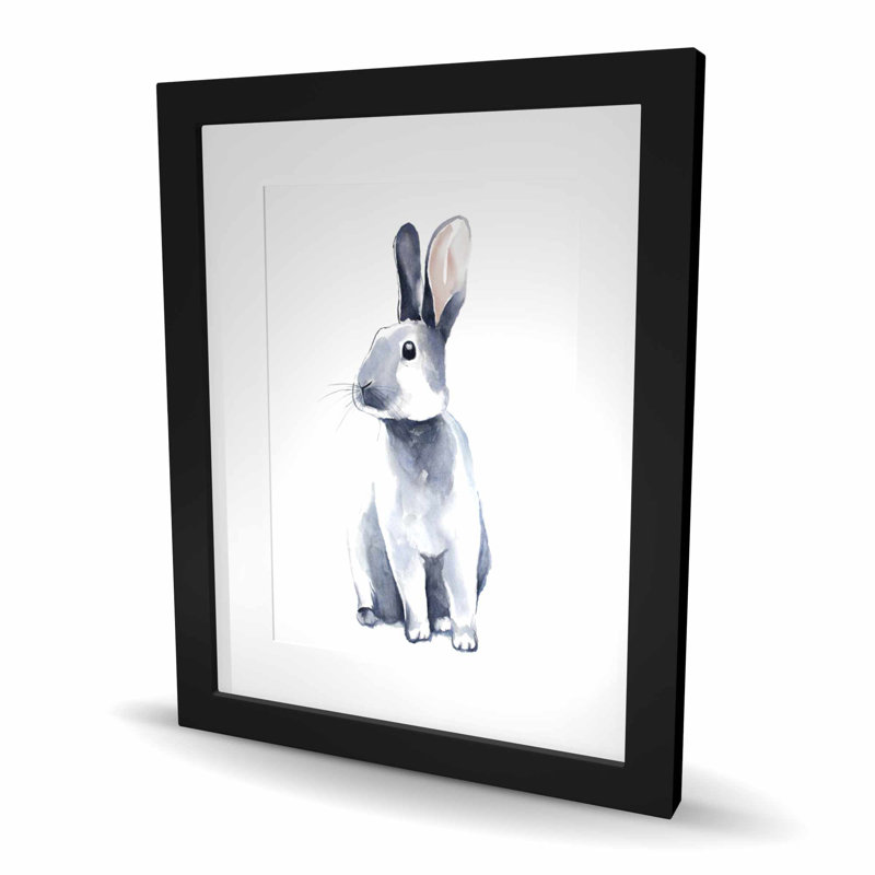 Gray Curious Rabbit - Framed Matted Print for Home Decor
