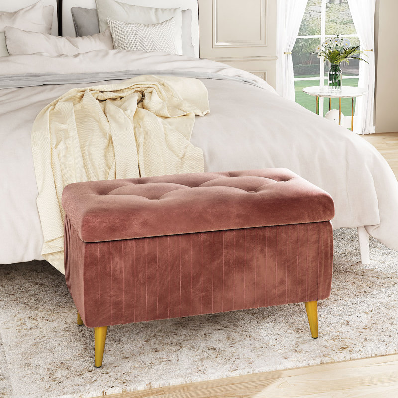 Banc de rangement à couvercle rabattable rembourré, Dusty Rose Pink, H 18,9 po x l 31,5 po x P 15,75 po