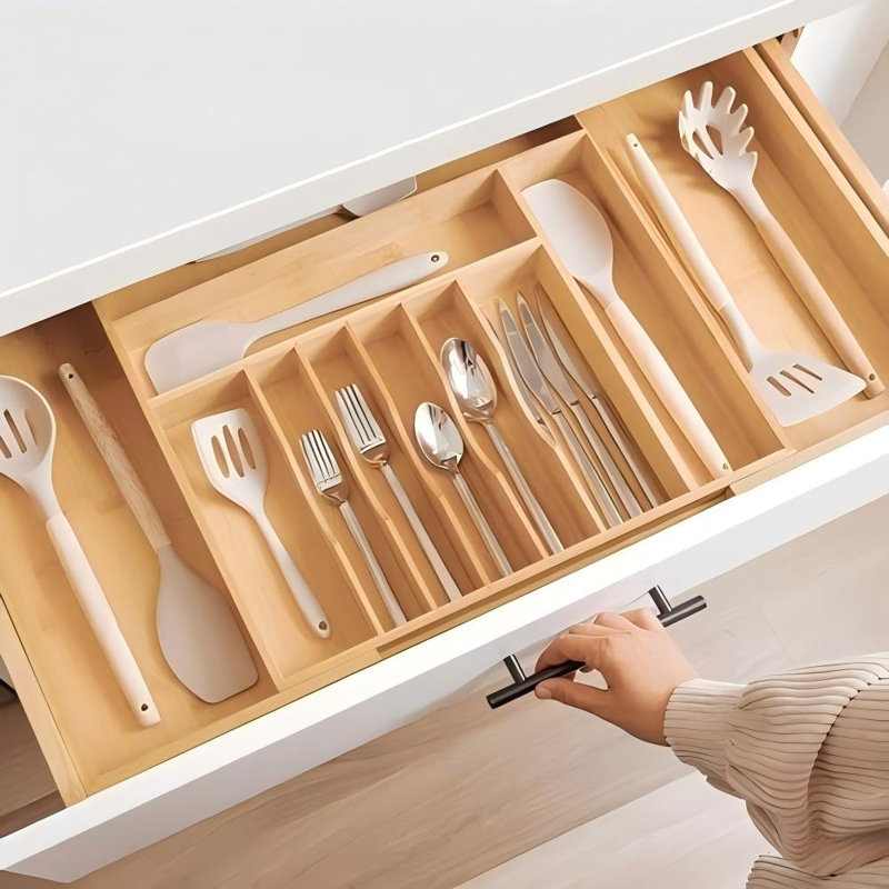 Rangement pour ustensiles de qualité supérieure, de qualité contractuelle, extensible de 18 à 33 po, en bambou naturel