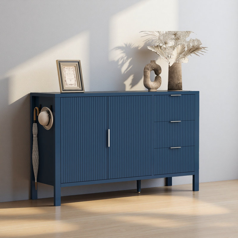 Buffet moderne à motif de vagues avec 3 tiroirs, grande armoire de rangement avec crochets et pieds centraux supplémentaires, convient au salon
