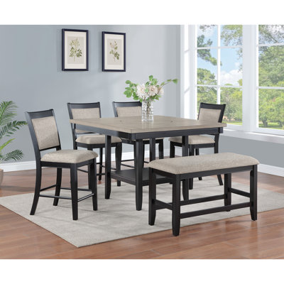 6pc Dining Set Contemporary Farmhouse Style Counter Height w 20-Inch Lazy Susan Light Gray Tow-Tone Finish Upholstered Chairs Bench Wooden Wood Veneers Solid Wood Dining Room Furniture