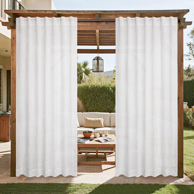 Solid Color Stripe Light Filtering Back Tab Outdoor Curtains, White, 52" W x 96" L