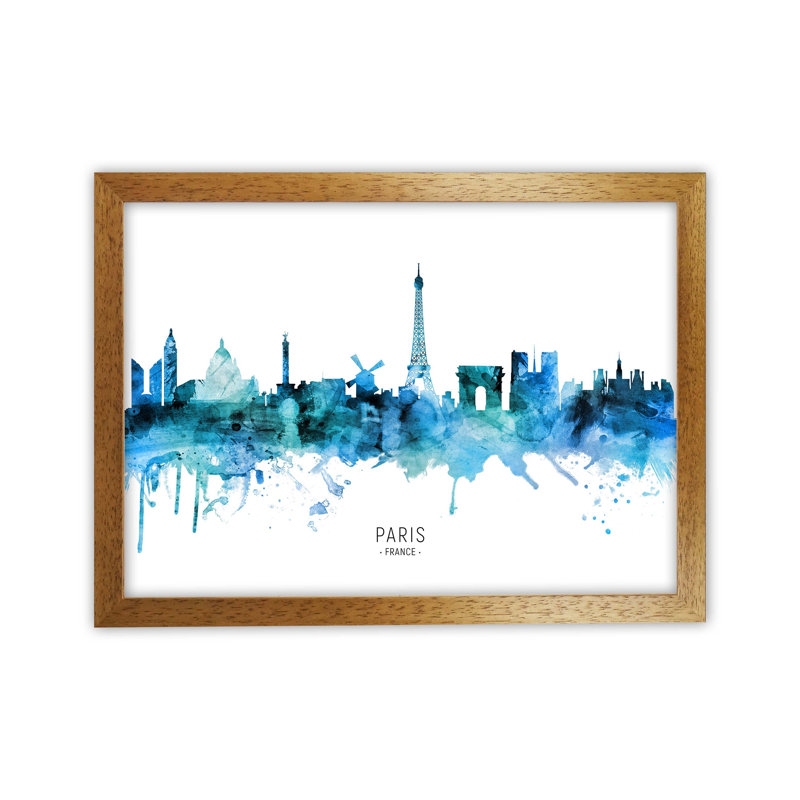 Paris France Skyline Blue City Name by Michael Tompsett - Print, 46cm H x 63cm W x 3cm D, Oak Framed