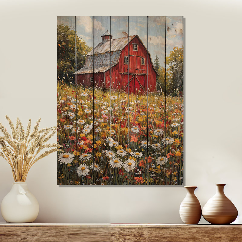 Barnyard In Full Bloom II - Farm Wood Wall Decor - On Natural Pine Wood, 40" H x 30" W x 0.78" D
