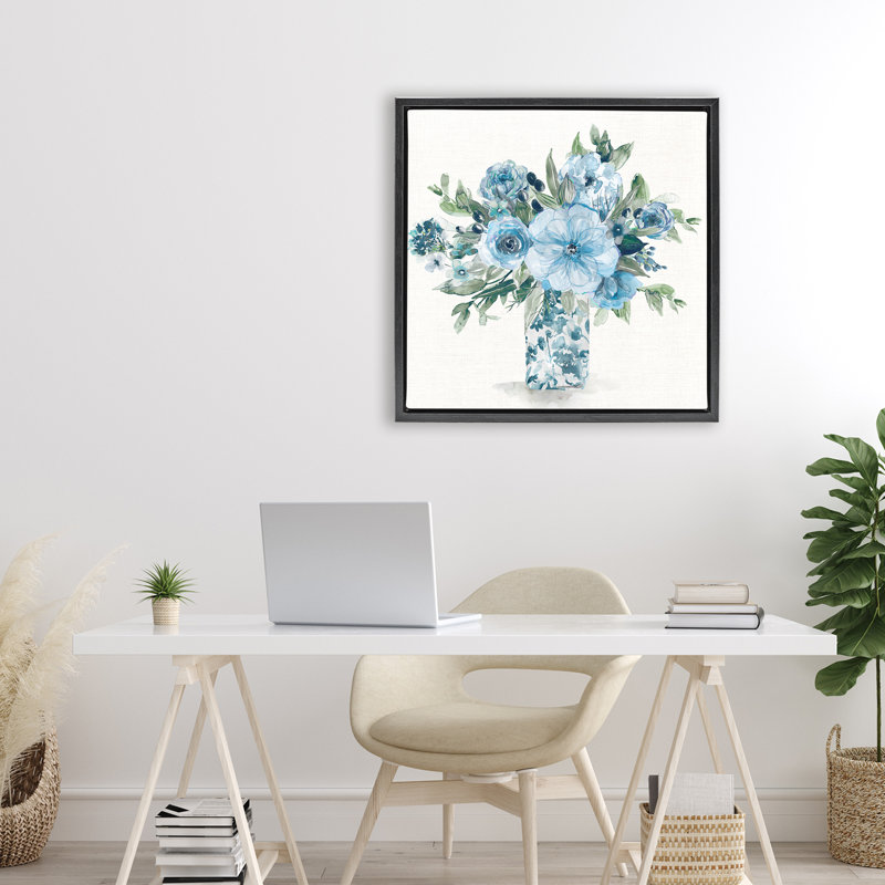 Cadre flottant feuillage pastel bleu, design par Carol Robinson, H 25 po x l 25 po, Cadre flottant noir de jais