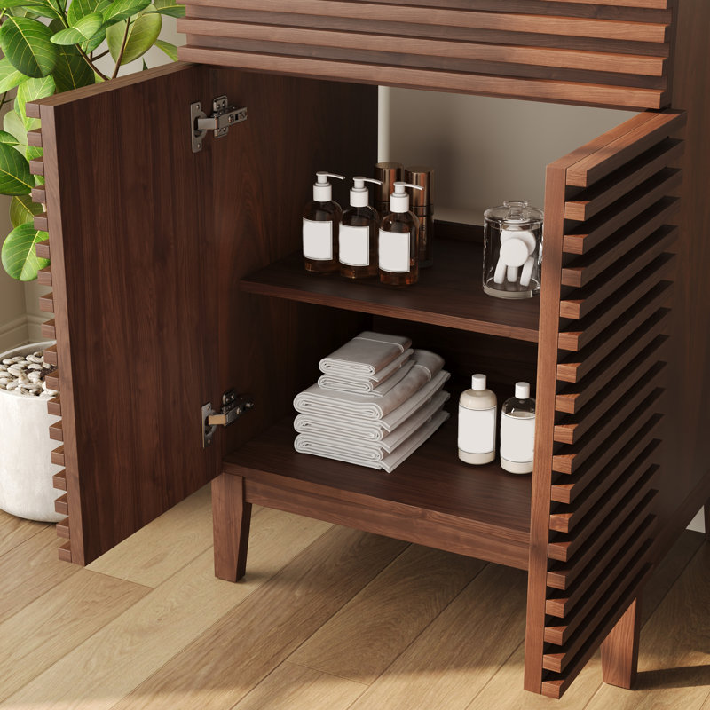  Cove 24" Bathroom Vanity with Ceramic Sink Top, Fully Assembled Mid-Century Wood Bathroom Cabinet, Walnut