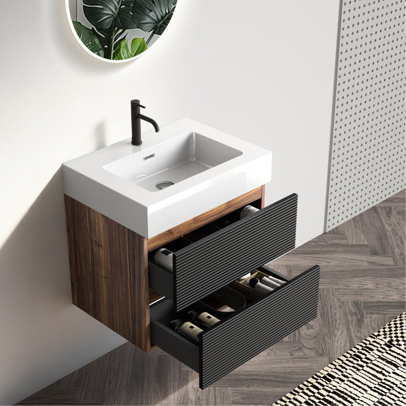 Meuble-lavabo de salle de bain, lavabo à quartz flottant mural de 24 po, double tiroir, conception Mid-Century, planches de classe E1, laque E0, poignée dissimulée pour toute la famille avec style, panneaux noirs, 55 lb