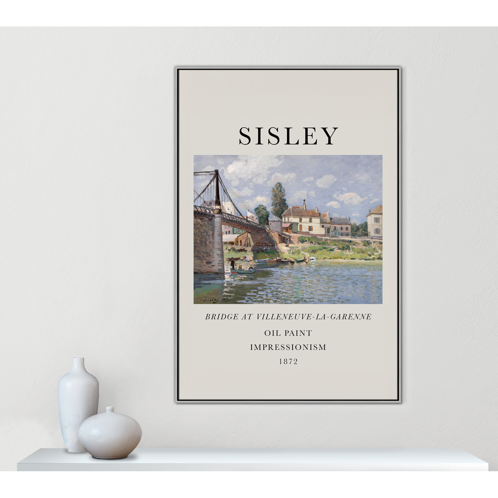Old Masters Collection " The Bridge At Villeneuve " by Alfred Sisley, No, 61.5" H x 41.5" W x 2" D, Silver Floater Frame