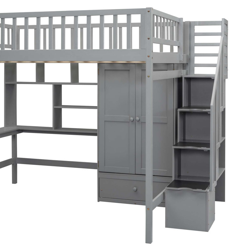 Lit mezzanine avec bibliothèque, tiroirs, bureau et garde-robe, Double / double, Gris