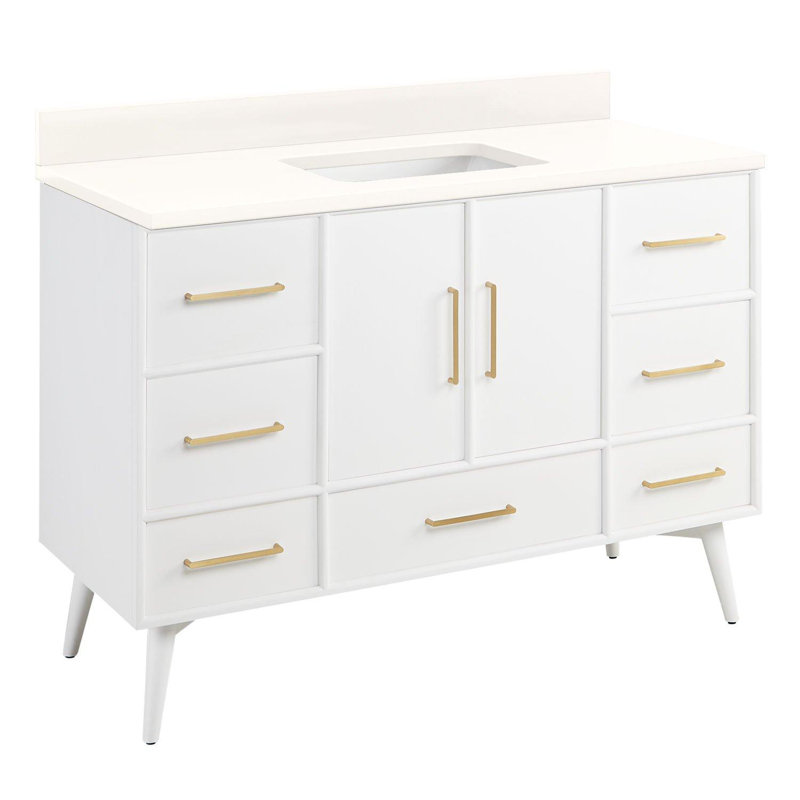 Meuble-lavabo 48 po avec lavabo encastré rectangulaire Novak - blanc éclatant, Quartz blanc arctique, Aucun trou de robinet