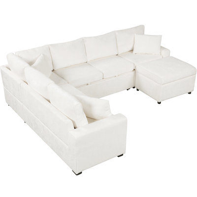 112.2" Sectional In Cream With Pull-Out Bed For Versatility, Movable Storage Chest, Charging And 3 Pillows Cream, Pull-Out Functionality, & Living Area