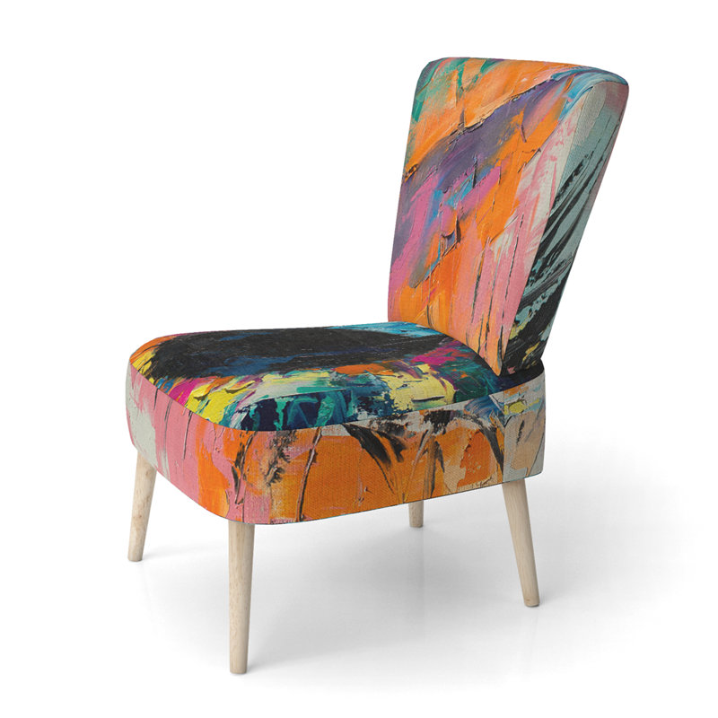 Accent Chair, Beige Floral Pattern Upholstered Decor - Beige Floral Pattern II, Orange/Blue/Pink