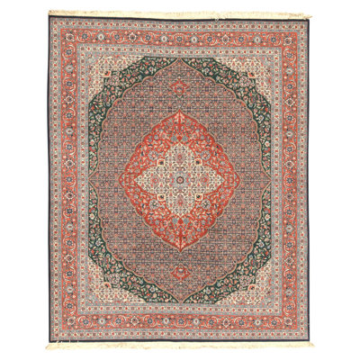 Hand Knotted Wool Oriental Area Rug in Navy And Rust