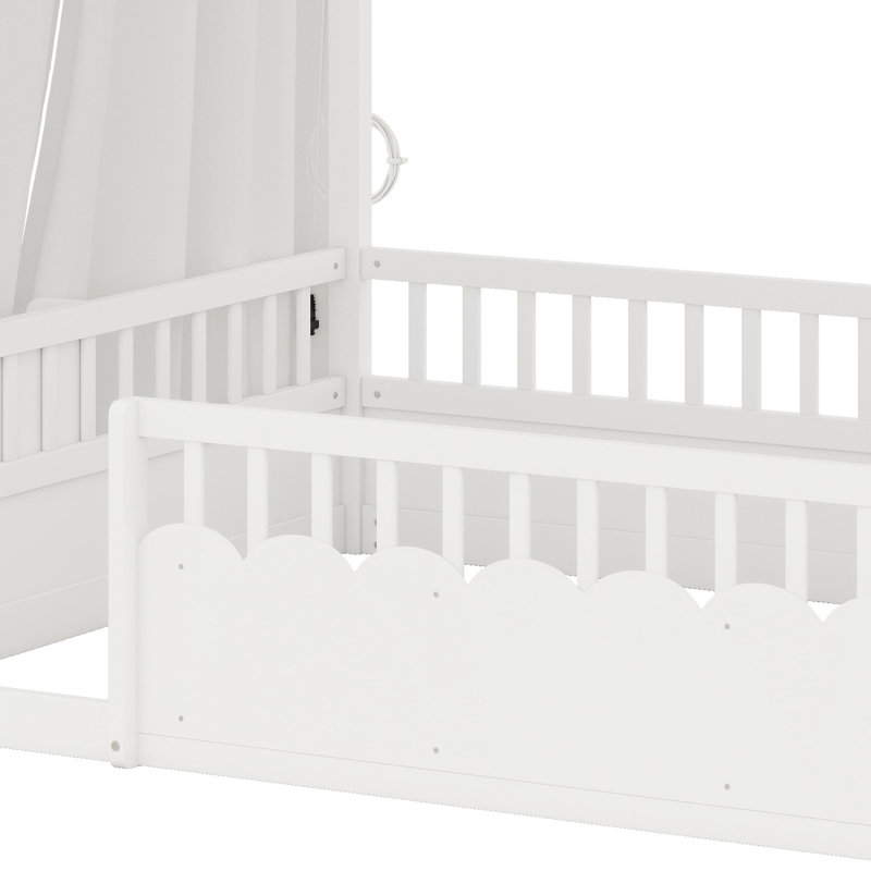 Lit plateforme avec baldaquin, barrières de sécurité et porte d'entrée pour les chambres d'enfants, Lit double, White