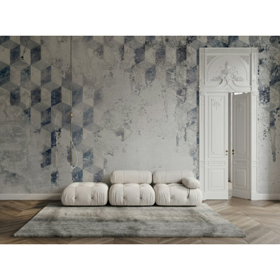 Papier peint motif géométrique bleu patiné