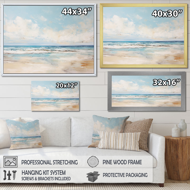 «Beige and Blue Beach Minimal Horizon», art mural plage côtière, H 30 po x l 40 po x P 1,5 po, Cadre flottant blanc
