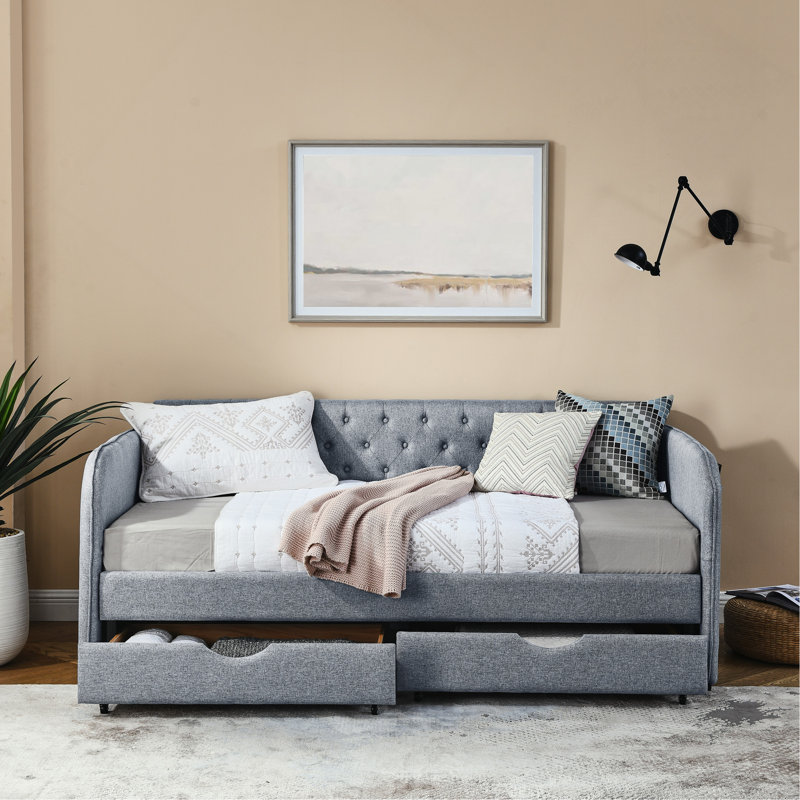 Twin Size Linen Upholstered Daybed With Trundle & Two Storage Drawers, Flat Arms With Storage Pocket - Extendable For Bedroom & Living Room