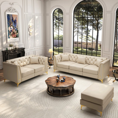 Ensemble de salon de luxe en similicuir 3 pièces avec capitonnage et repose-pieds faits à la main