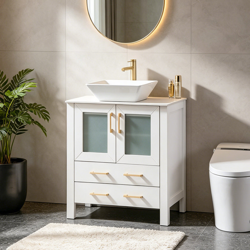 30" Vessel Modern White Free-Standing Single Bathroom Vanity With Ceramic Top