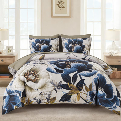 7-Piece Floral Comforter Set, Soft Microfiber All-Season Bedding Set with Flat Sheet, Fitted Sheet, Pillowcases and Shams