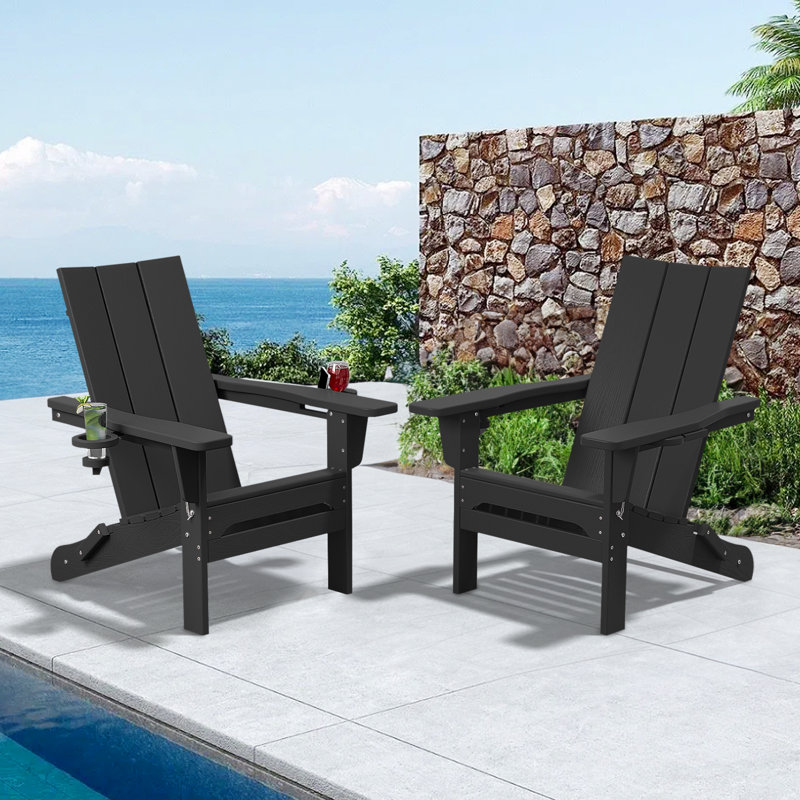 Chaise Adirondack pliante en polyéthylène haute densité Wolak avec porte-gobelet double (ensemble de 2)