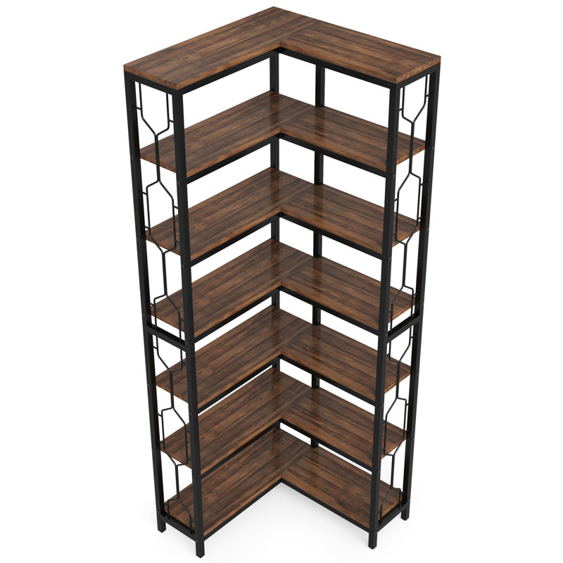 78.74" Tall 7-Tier Industrial Rustic Brown Corner Bookshelf Tall Wood Metal Etagere Display Shelf For Home Office