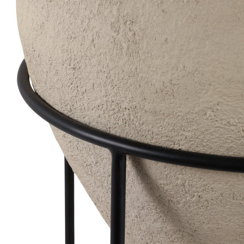 Pot à fleurs rond en terre cuite avec support en métal pour l'intérieur ou le patio extérieur - Décoration de jardin décorative pour le salon - ivoire et noir