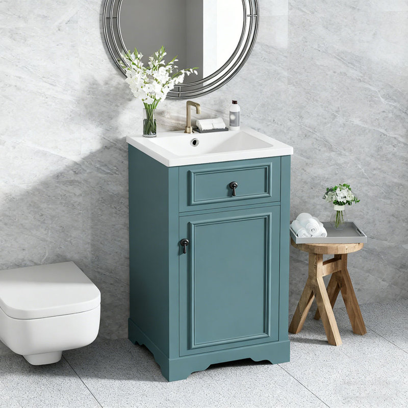 Meuble-lavabo autoportant moderne de 20 pouces avec lavabo en céramique et tablette réglable, Vert