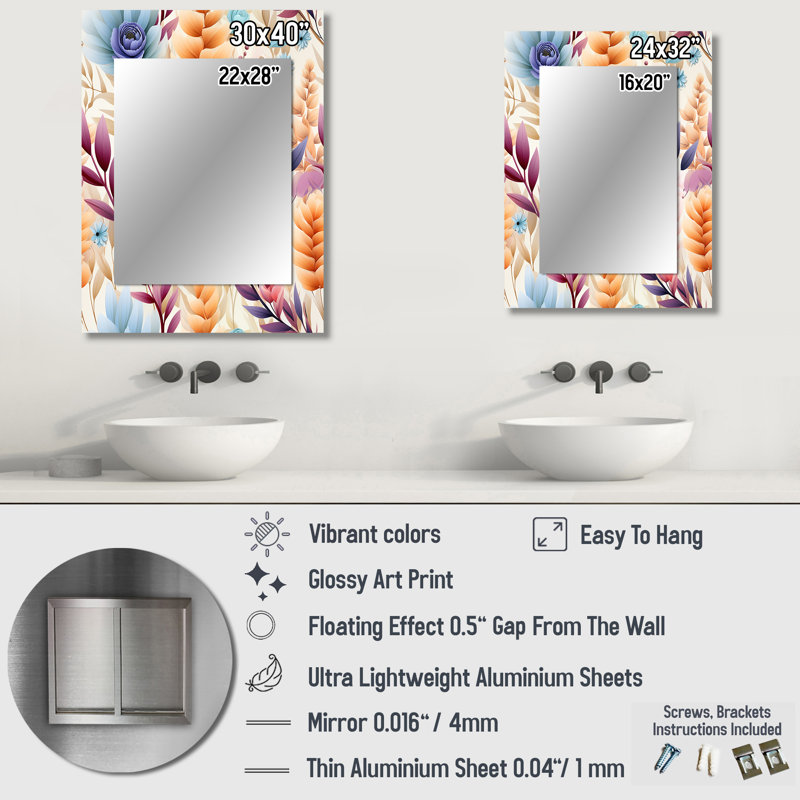 Motif de fougères pastel bohémien - miroir unique floral, grand miroir mural floral, impression d'art en métal, 40 po x 30 po