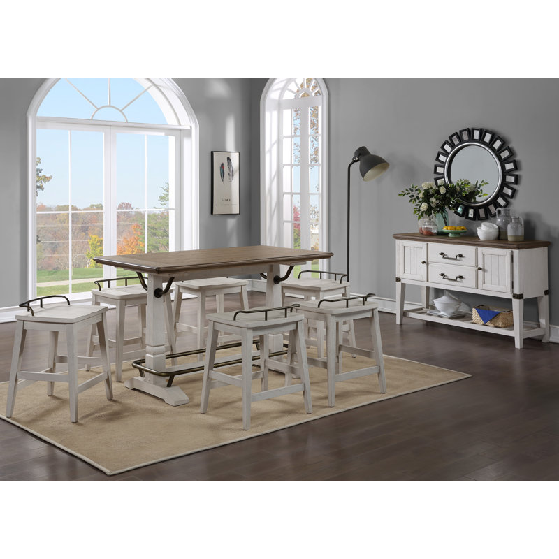 Ivory and Brown Wood Metal Backless Counter Stool