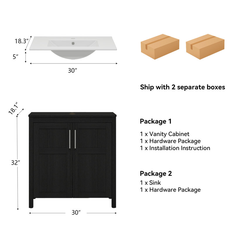 Meuble-lavabo simple 30 po avec lavabo (sans robinet), Noir