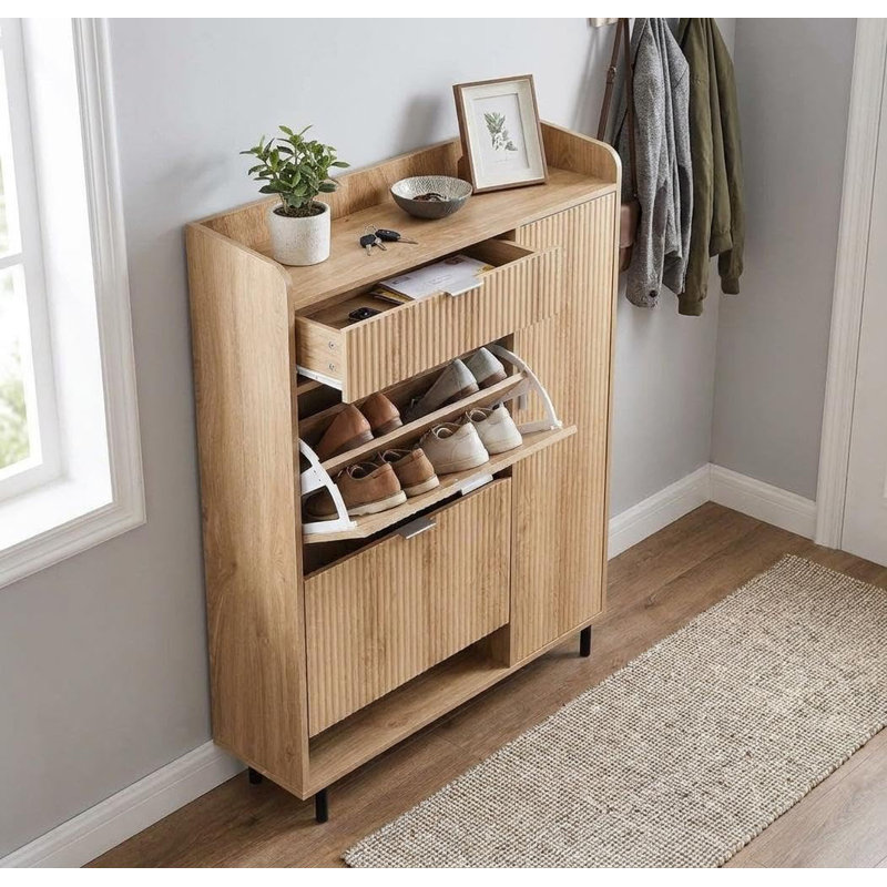 Range-chaussures avec 2 tiroirs rabattables, organisateur de rangement étroit pour chaussures avec tablettes réglables et portes