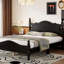 Structure de lit double en bois pleine grandeur, lit plateforme de style rétro avec support en lattes de bois, noir-124438682-124438683