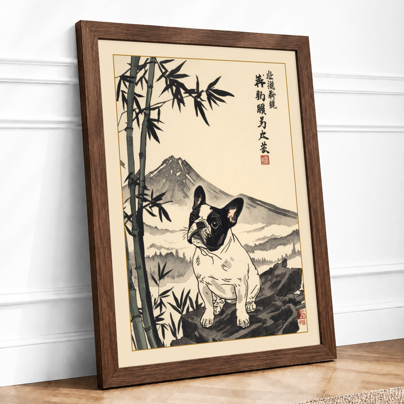 Cat Among Bamboo Japandi - Framed Print, A1 - 84.1 x 59.4 cm, Walnut
