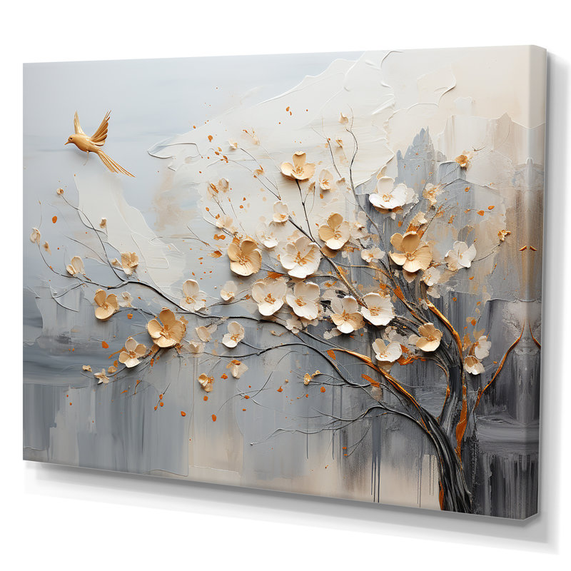 Japan Beige And Gold Tree Vision - Abstract Canvas Art Print, Wrapped Canvas, 12" H x 20" W x 1" D