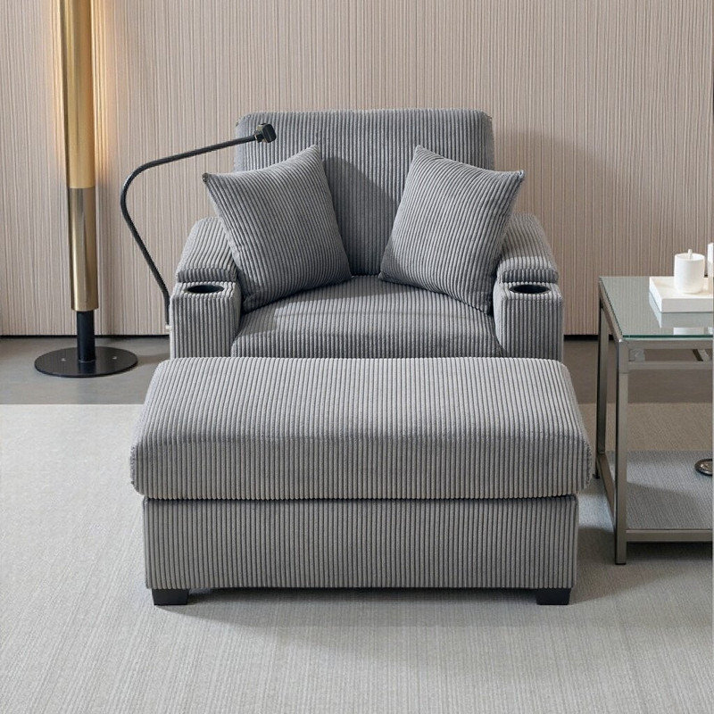 Méridienne surdimensionnée de 55 po avec repose-pieds et rangement, repose-pieds inclinable avec porte-gobelet, support pour téléphone et port de chargement USB