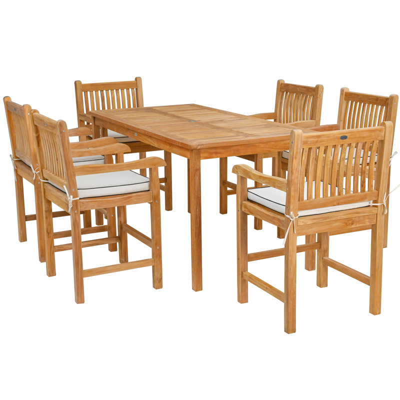 Ensemble de salle à manger 7 pièces rectangulaire en bois de teck de 71 po avec 6 tabourets de comptoir avec accoudoirs Elzas