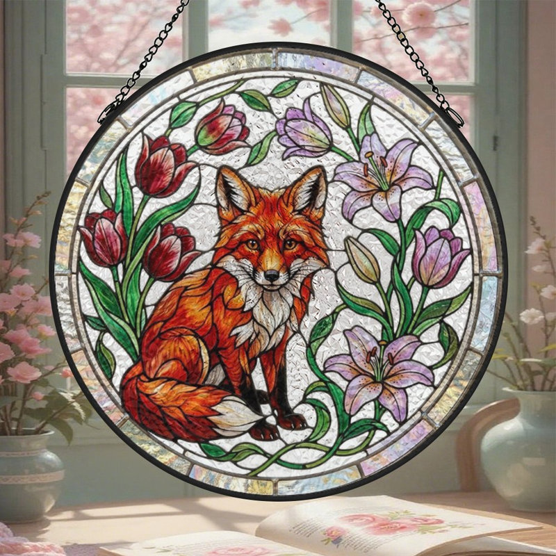 Renard entouré de vitrail pour fenêtre, 11,8 x 11,8 po (30 x 30 cm)